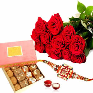 12 Red Roses and Rakhi with 500gm Mixed Sweet Box
